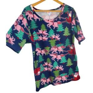 Nwt LuLaRoe Top Christmas 2XL Unicorn Santa Sleigh Gigi Leggings Material Shirt